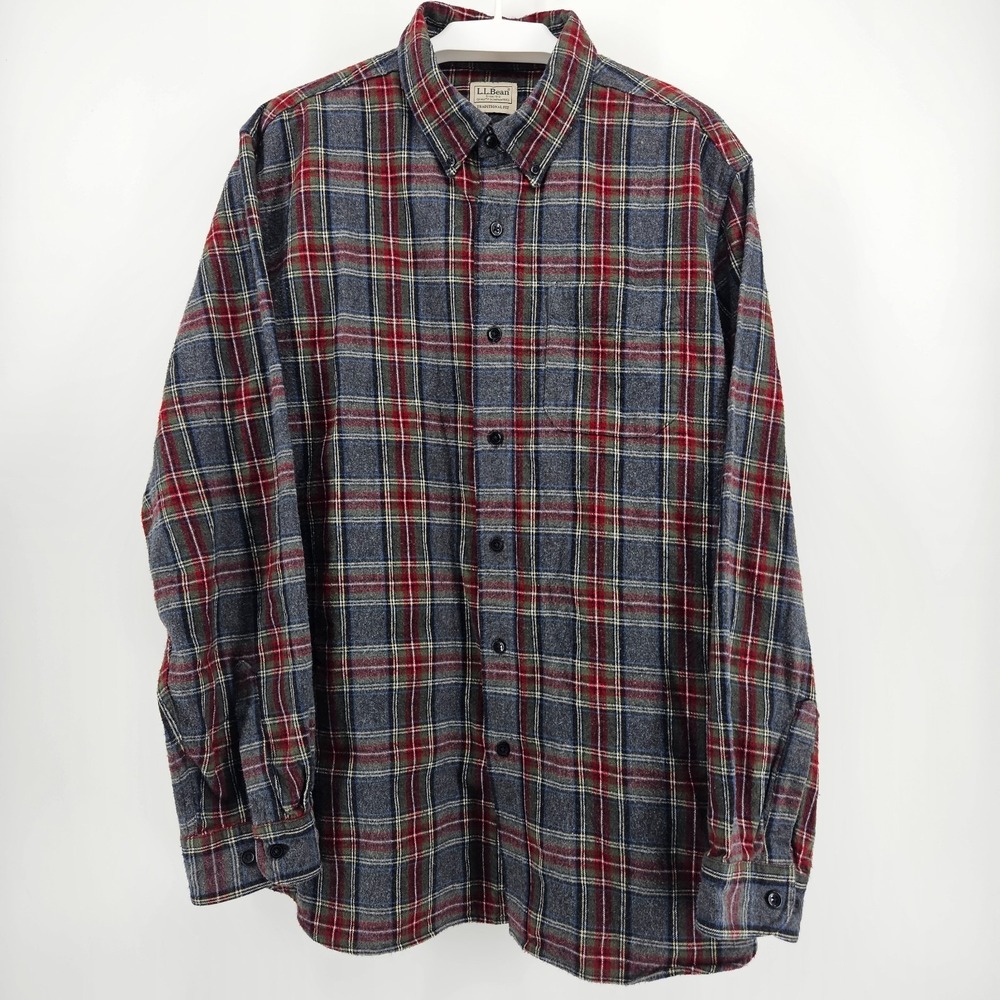 LL Bean Flannel Shirt Men Large Gray Red Plaid Traditional Fit Cotton A82 - Picture 2 of 7